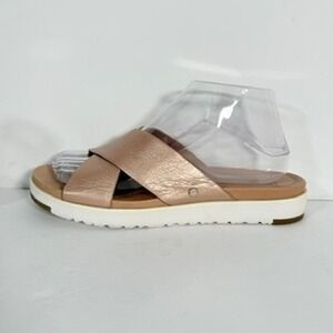 UGG Women's Rose Gold Metallic Leather Crisscross Strap Slides Sandals Size 8